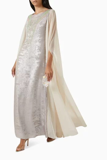 Embroidered Cape-sleeve Maxi Dress in Metallic Crepe
