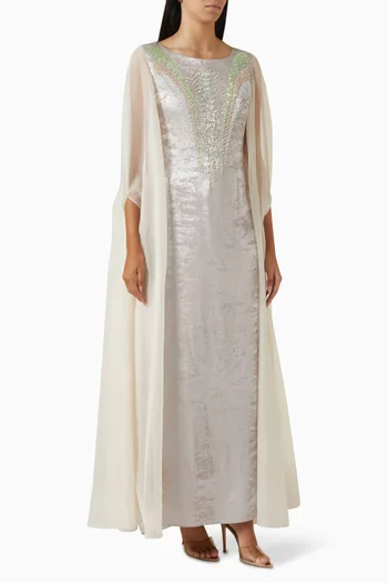 Embroidered Cape-sleeve Maxi Dress in Metallic Crepe
