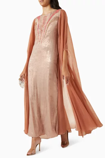 Embroidered Cape-sleeve Maxi Dress in Metallic Crepe
