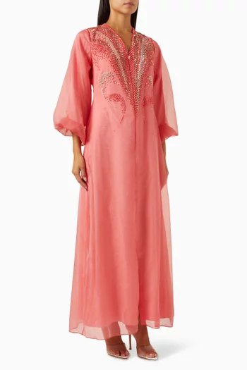 Embellished Balloon-sleeve Maxi Dress in Organza