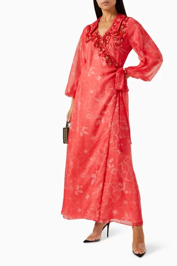 Embellished Wrap Maxi Dress in Cotton-linen Blend