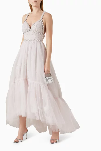 Pearl Beaded High Low Gown