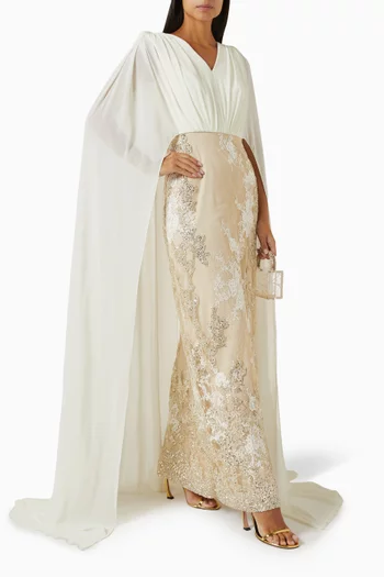 Cape-sleeve Dress in Chiffon & Lace