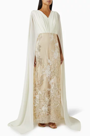 Cape-sleeve Dress in Chiffon & Lace