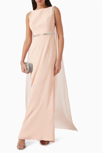 Embellished Cape Maxi Dress in Crepe