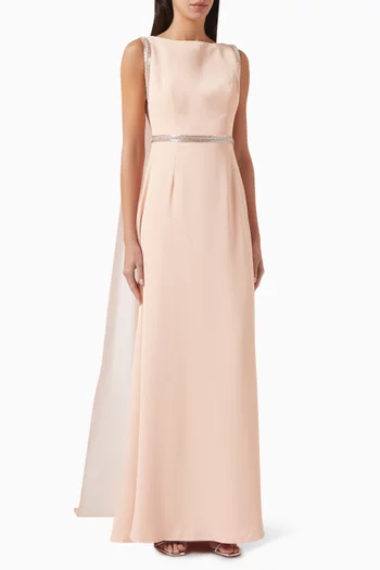 Embellished Cape Maxi Dress in Crepe