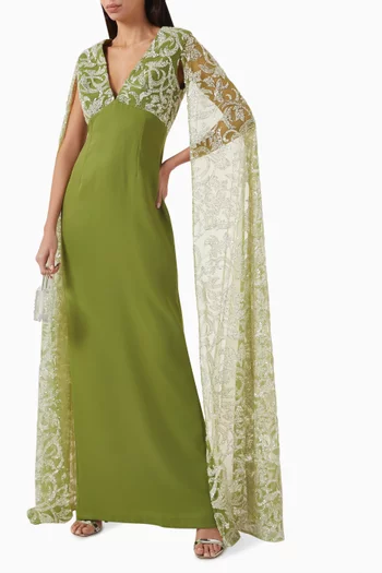 Embellished Cape-sleeve Kaftan in Crepe