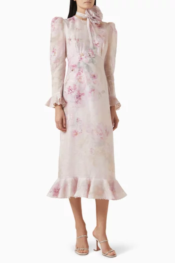 Crush Flower Midi Dress in Linen Blend
