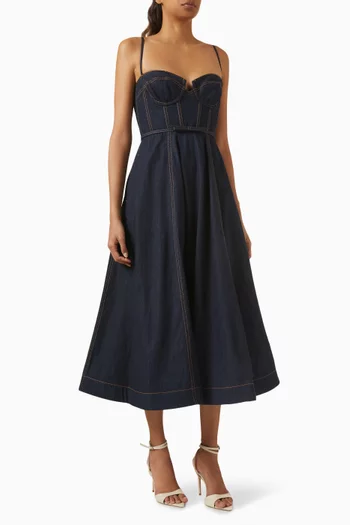 Crush Corset Midi Dress in Cotton-denim