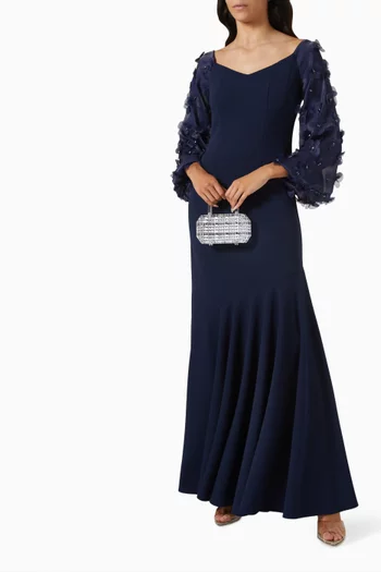 Floral-applique Dress in Crepe