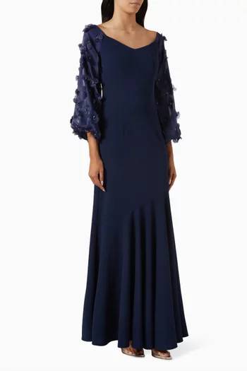 Floral-applique Dress in Crepe