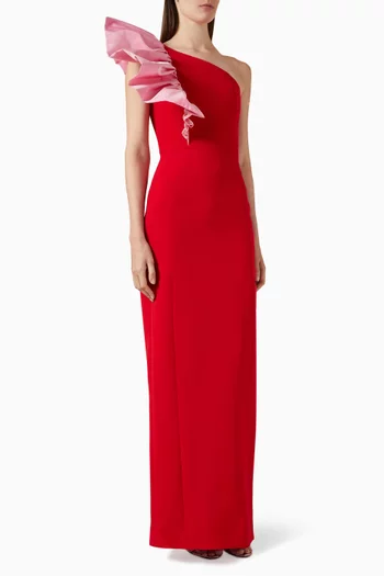 Ruffle One-shoulder Gown in Crepe