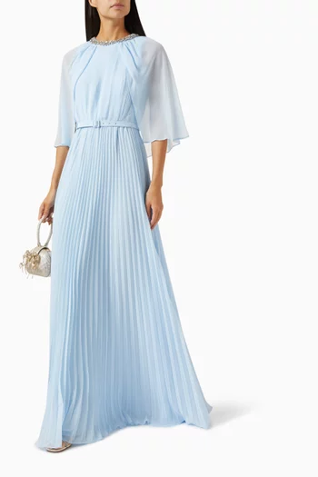 Cape Belted Maxi Dress in Chiffon