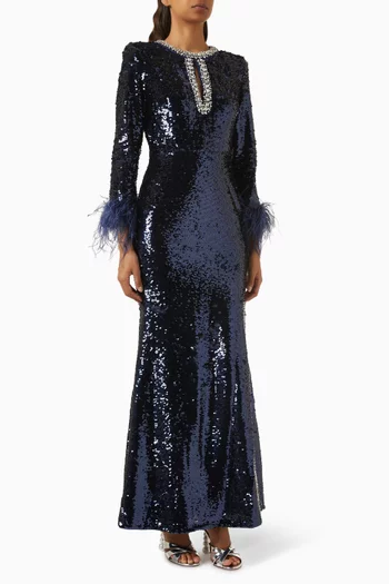 Feather Sequin-embellished Maxi Dress