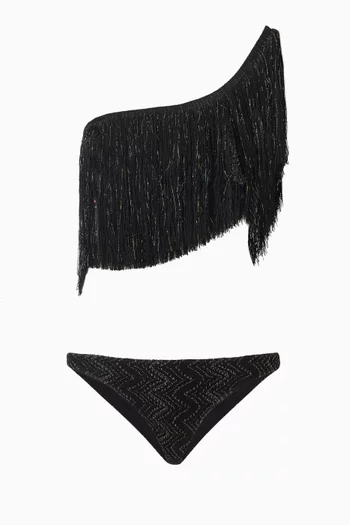 One-shoulder Fringe Bikini Set in Lamé Viscose