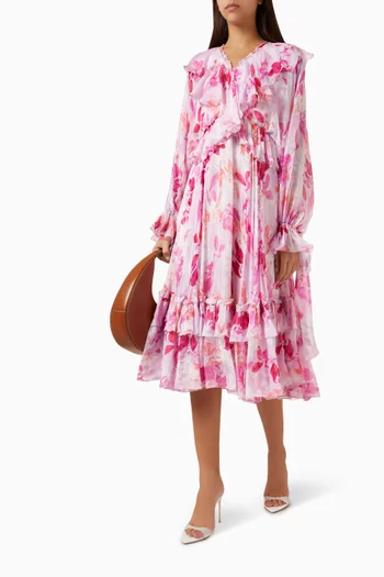 فستان متوسط الطول بكشكش شيفون