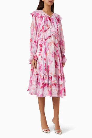 فستان متوسط الطول بكشكش شيفون