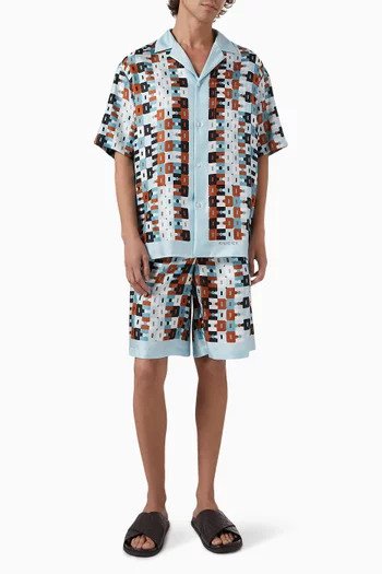 Geometric Horsebit Camp Collar Shirt in Silk Twill