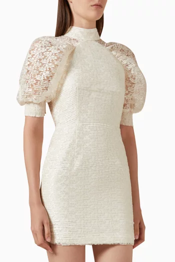 Puff-sleeve Mini Dress in Lace Plissé