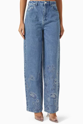 Rhinestone-embellished Wide-leg Jeans in Denim