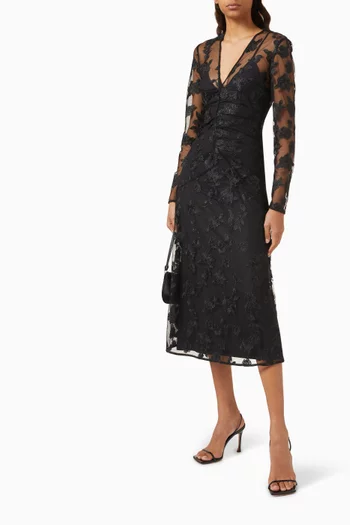 V-neck Midi Dress in Embroidered Mesh