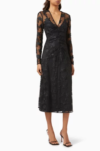 V-neck Midi Dress in Embroidered Mesh