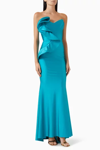 فستان سهرة بلا حمالات وكشكش جيرسيه