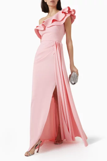 One-shoulder Ruffled Gown in Stretch-crepe