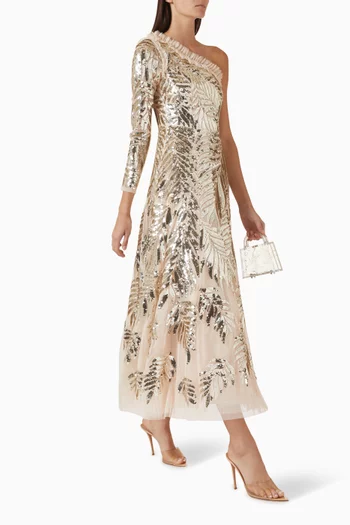 Feather Sequin One-shoulder Gown in Tulle