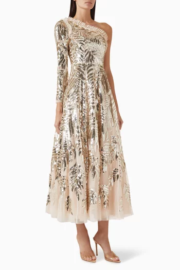 Feather Sequin One-shoulder Gown in Tulle