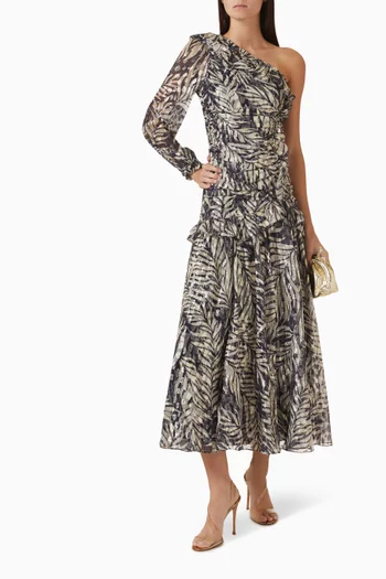 Feather One-Shoulder Gown in Metallic Lurex