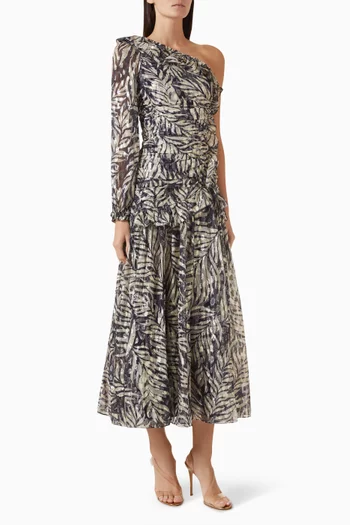 Feather One-Shoulder Gown in Metallic Lurex