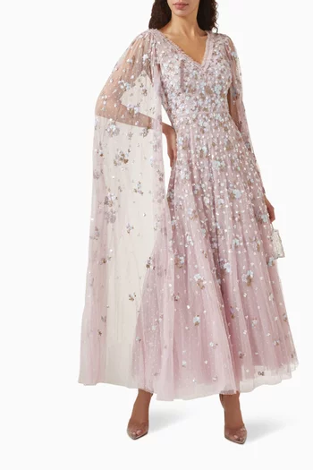 Dahlia Ditsy Cape-sleeve Gown in Tulle
