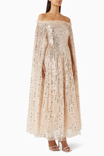 Raindrop Sequin-embellishment Cape Dress in Tulle