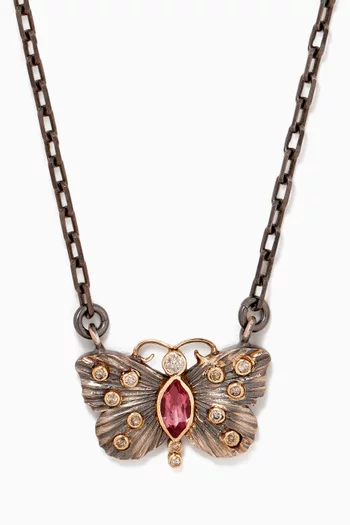 قلادة سلسلة بدلاية بتصميم فراشة مرصعة بتورمالين وردي وماس فضة إسترلينية وذهب عيار 10