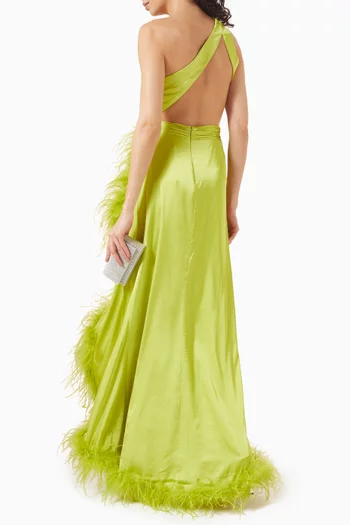 One-shoulder Feather-trim Gown