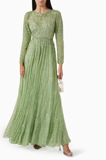 Sequined Illusion High Neck Gown in Mesh