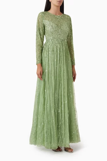 Sequined Illusion High Neck Gown in Mesh
