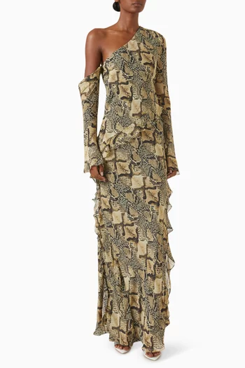 Asymmetrical Ruffle Maxi Dress in Viscose Georgette