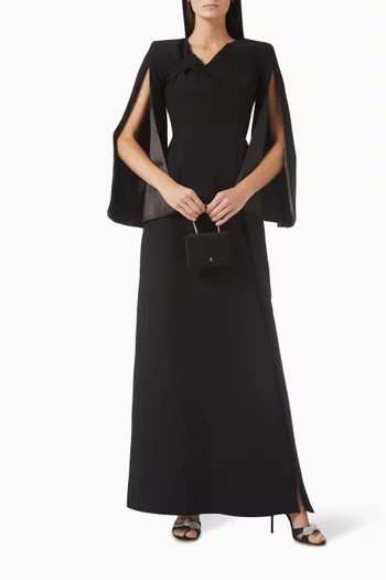 Flared Long-sleeves Gown in Crepe