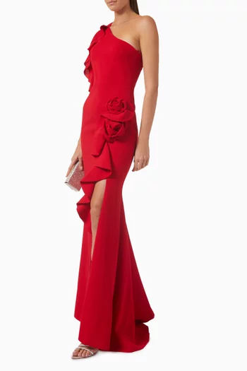 Sheena Floral-applique Gown in Crepe