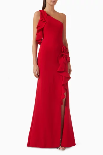 Sheena Floral-applique Gown in Crepe