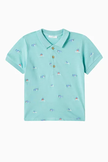 All-over Shark-embroidery Polo Shirt in Organic-cotton