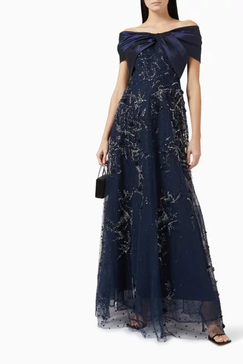 Off-shoulder Beaded Gown in Taffeta