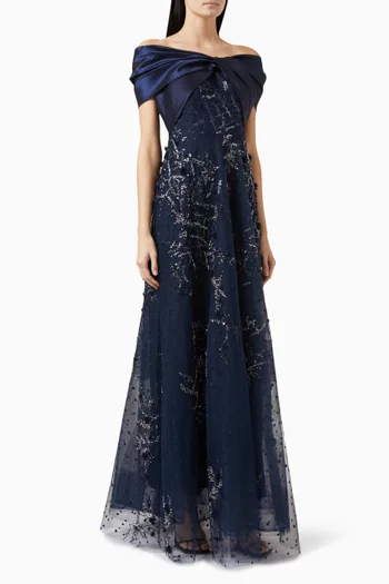 Off-shoulder Beaded Gown in Taffeta