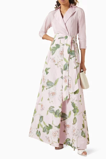 Floral-print Belted Gown in Taffeta