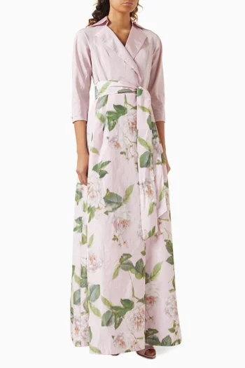 Floral-print Belted Gown in Taffeta