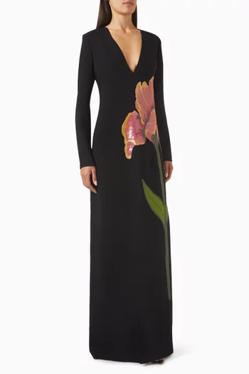 Jennis Floral-applique Gown in Crepe