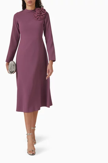 Rose-appliqué Midi Dress in Double Crepe