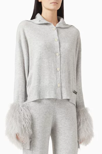 High-neck Shearling Cuff Cardigan in Wool-cashmere